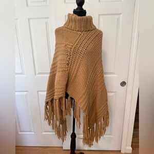Cozy Tan Knit Poncho with Fringe